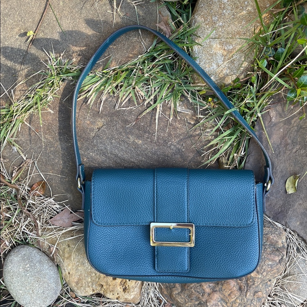 NANETTE LEPORE Fiona Flap Baguette Bag In Teal shoulder Purse Bag Gold hardware